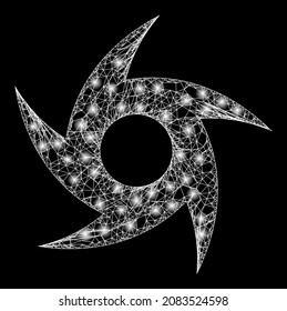 Illuminated network typhoon with glowing spots. Vector frame based on typhoon icon, and with intersected lines. Sparkle frame polygonal typhoon on a black background.