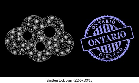 Illuminated network virus cloud with lightspots, and Ontario blue round textured seal. Vector constellation generated from virus cloud icon. Constellation carcass polygonal virus cloud.