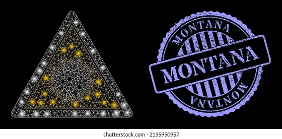 Illuminated network virus danger with glowing spots, and Montana blue round unclean stamp seal. Vector grid generated from virus danger icon. Glowing frame polygonal virus danger.