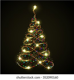 Illuminated New Year Tree Sparkling Isolated on Golden Background. Vector Illustration