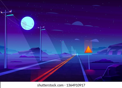 Illuminated At Night, Empty Highway Road In Dessert Cartoon Vector. Row Of Power Line Pillars With Lights, Two Line Path With Separate Strips Goes Far To Horizon In Rocky, Deserted Area Illustration