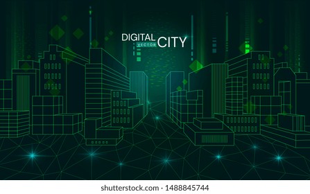 Illuminated night scene of a Digital City with modern skyscrapers in twilight green tones with text in a vector panorama banner