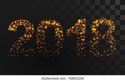 Illuminated numbers 2018 from gold stars and light on black transparent background. Merry Christmas poster. Holiday design, decor. Vector illustration.