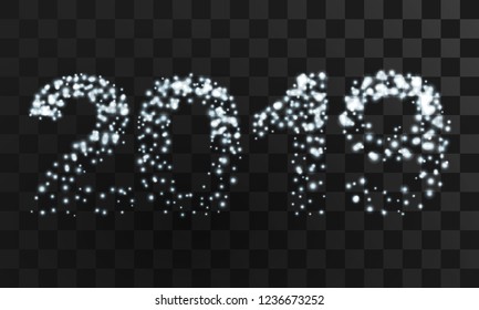 Illuminated numbers 2019 from snow and light on black transparent background. Merry Christmas poster. Holiday design, decor. Vector illustration.