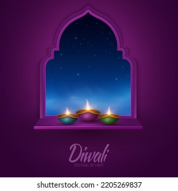 Illuminated oil Diya lamps stand on the window overlooking the starry fairytale sky. Festive cover or banner for Diwali festival of light. Indian template design for holiday. 3D Vector. EPS 10