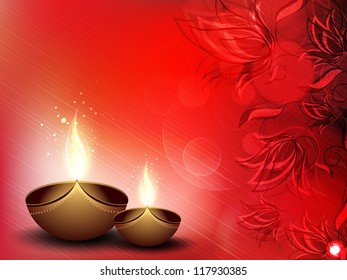 Illuminated oil lamp on beautiful floral decorative background for Diwali festival celebration in India. EPS 10.