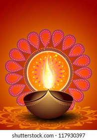 Illuminated oil lamp on beautiful floral decorative background for Diwali festival celebration in India. EPS 10.