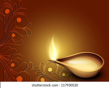 Illuminated oil lamp on beautiful floral decorative background for Diwali festival celebration in India. EPS 10.