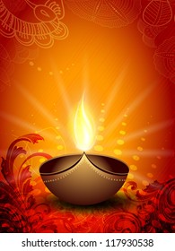 Illuminated oil lamp on beautiful floral decorative background for Diwali festival celebration in India. EPS 10.