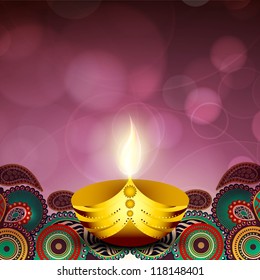 Illuminated oil lamp on beautiful floral abstract background. EPS 10.