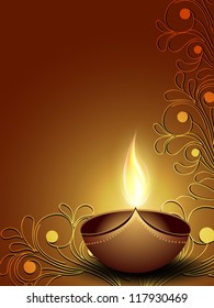 Illuminated oil lamp on floral decorative background for Diwali festival celebration in India. EPS 10.