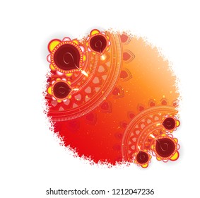 Illuminated oil lamps on abstract floral background can be used as greeting card design for Diwali festival.