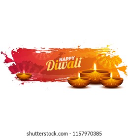 Illuminated Oil Lamps with text Happy Diwali on brush stroke background. Can be used as greeting card.