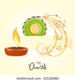 Illuminated oil lit lamp with exploding cracker for Diwali celebration on beige background.