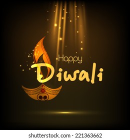 Illuminated oil lit lamp and stylish text of Diwali with golden rays on shiny background.