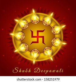 Illuminated oil lit lamps with swastik symbol on red background for occasion of Indian festival of lights, Shubh Deepawali (Happy Deepawali).