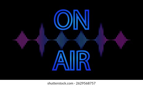 An illuminated ON AIR sign with a glowing red dot and colorful soundwave graphic on a black background, indicating a live broadcast  