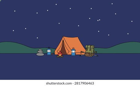 Illuminated orange camping tent situated in the wilderness at night under a clear sky filled with bright stars.