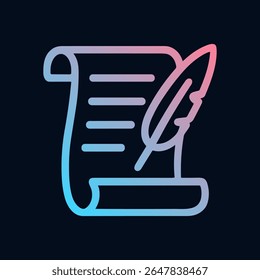 Illuminated parchment with writing feather. Icon symbol illustration