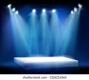Illuminated place for the exhibition in art gallery. Stage during the show. Vector illustration.