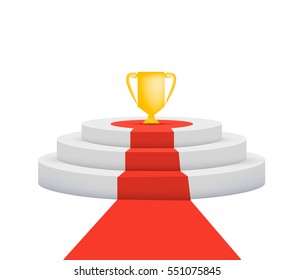 Illuminated podium for award ceremony with cup. Vector illustration. 