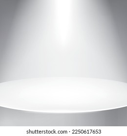 Illuminated podium, award pedestal, geometry shape, gray cylinder. Empty white room. Mock up. Vector design object for you project