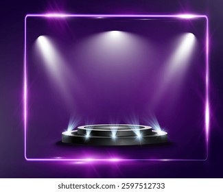 Illuminated podium inside purple frame with spotlights and dark background for award, event, or presentation.