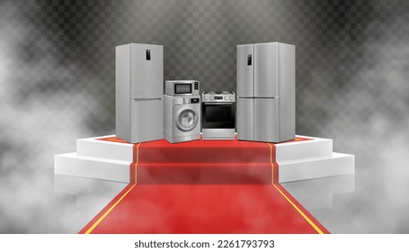 Illuminated podium or Pedestal with red path and household appliances: microwave oven, washing machine, refrigerator, stove, ,TV, dishwasher, kitchen hood. Realistic 3D vector