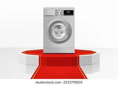 Illuminated podium or Pedestal with red path and washing machine. Modern, realistic 3d vector illustration of home appliances. Front view, close-up.