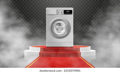 Illuminated podium or Pedestal with red path and washing machine. Modern, realistic 3d vector illustration of home appliances. Front view, close-up.