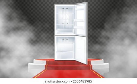 Illuminated podium or pedestal with red path and refrigerator. Refrigerator with open door. Modern, realistic 3d vector illustration of home appliances. Front view, close-up.