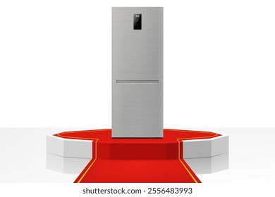 Illuminated podium or Pedestal with red path and refrigerator. Modern, realistic 3d vector illustration of home appliances. Front view, close-up.