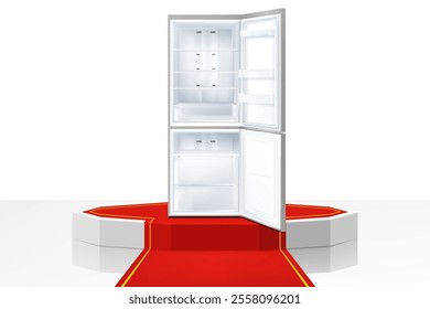 Illuminated podium or pedestal with red path and refrigerator. Refrigerator with open door. Modern, realistic 3d vector illustration of home appliances. Front view, close-up.