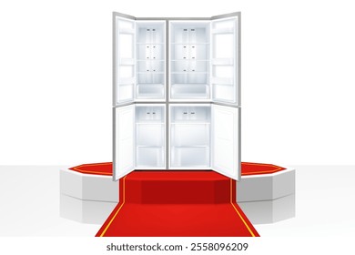 Illuminated podium or pedestal with red path and double-door refrigerator. Refrigerator with open door. Modern, realistic 3d vector illustration of home appliances. Front view, close-up.