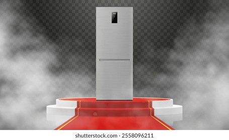 Illuminated podium or Pedestal with red path and refrigerator. Modern, realistic 3d vector illustration of home appliances. Front view, close-up.