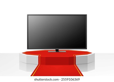 Illuminated podium or Pedestal with red path and plasma TV. TV flat screen lcd, plasma, tv mock up. black HD monitor. realistic 3d vector illustration of home appliances. Front view, close-up.