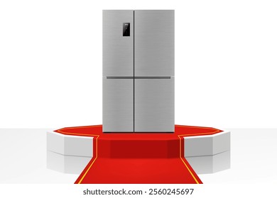 Illuminated podium or Pedestal with red path and double-door refrigerator. Modern, realistic 3d vector illustration of home appliances. Front view, close-up.