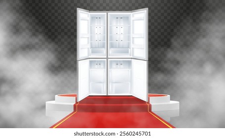 Illuminated podium or pedestal with red path and double-door refrigerator. Refrigerator with open door. Modern, realistic 3d vector illustration of home appliances. Front view, close-up.