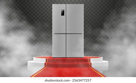 Illuminated podium or Pedestal with red path and double-door refrigerator. Modern, realistic 3d vector illustration of home appliances. Front view, close-up.