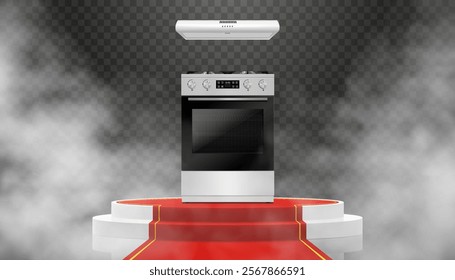 Illuminated podium or Pedestal with red path and gas stove. Modern, realistic 3d vector illustration of home appliances. Front view, close-up.