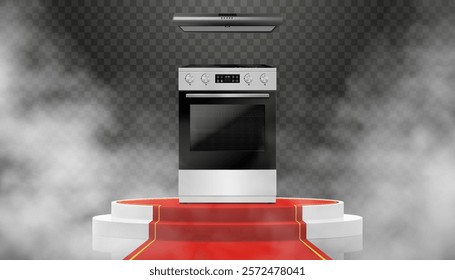 Illuminated podium or Pedestal with red path and electric stove. Modern, realistic 3d vector illustration of home appliances. Front view, close-up.