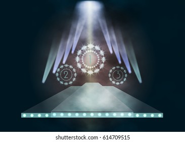 Illuminated podium for presentation and awards in dark colors. Vector Illustration.