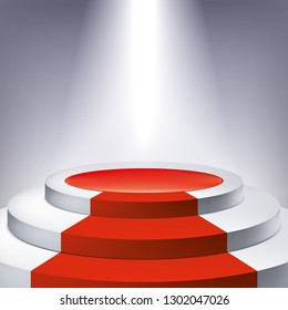 Illuminated podium, red carpet. Award pedestal, presentation stand, vector design object for you project