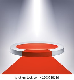 Illuminated podium, red carpet. Award pedestal, presentation stand, vector design object for you project