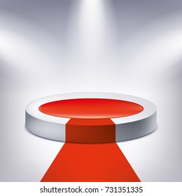 Illuminated podium, red carpet, award pedestal, geometry shape, vector design object for you project