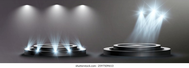 Illuminated podium with spotlights and dark background for award, event, or presentation.