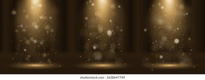 O pódio iluminado fica sob um raio de luz de spot dramático. Filme noite destaque palco brilha no estilo da Broadway. Fontes de luz vetorial melhoram os planos de fundo dos shows. Brilho estelar