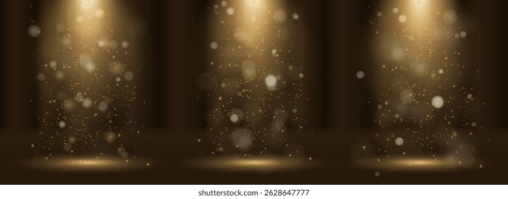 Illuminated podium stands under dramatic spotlight beam. Movie night spotlight stage sparkles in Broadway style. Vector light sources enhance concert show backgrounds. Starburst glare