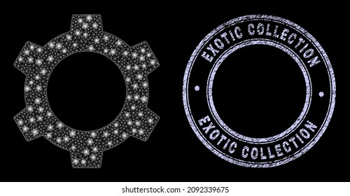 Illuminated polygonal mesh net cog icon with glare effect on a black background with round Exotic Collection grunge seal imitation. Vector grid is created from cog icon, white colored mesh used.