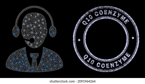 Illuminated polygonal mesh net secretary icon with glow effect on a black background, and round Q10 Coenzyme dirty stamp seal. Vector frame is based on secretary icon, white colored mesh net used.